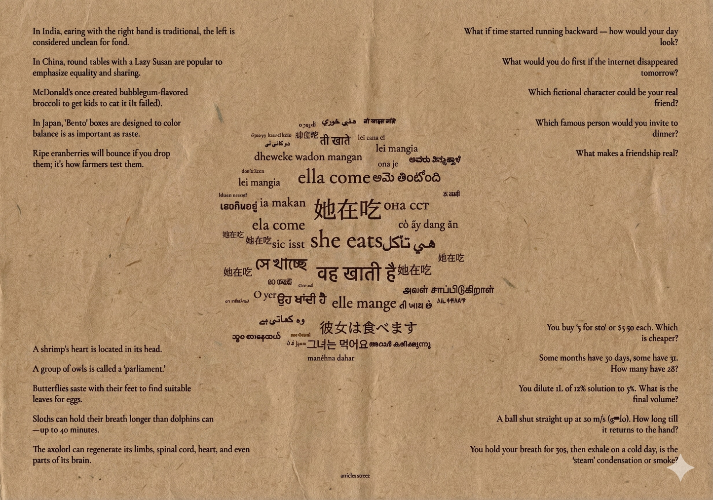 100 unique kraft placemats with facts, icebreakers and challenges. Spanish