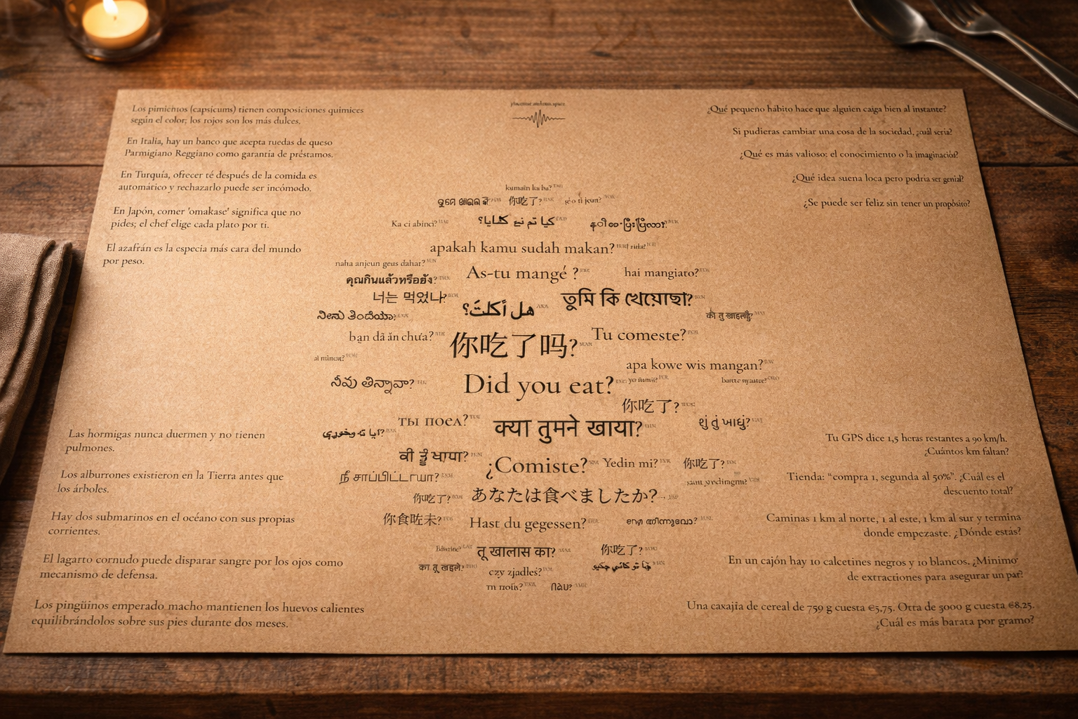 Anicha dinner placemat printed on kraft paper - Spanish version
